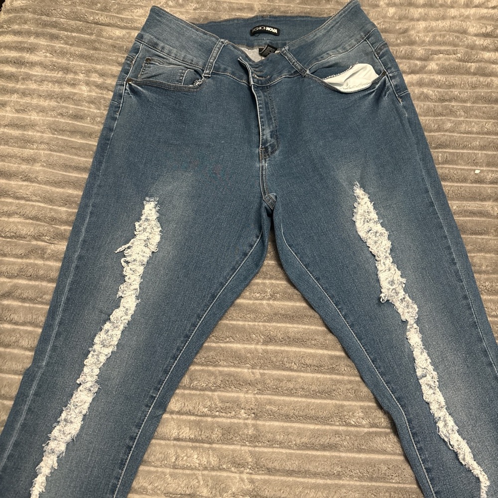 Fashion Nova Blue Distressed Skinny Jeans
